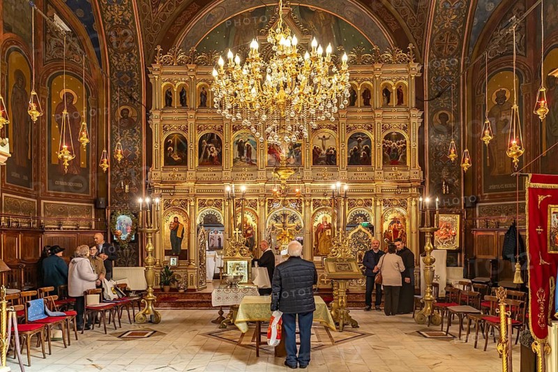 Interior of the Adormirea Maicii Domnului Orthodox Church or Assumption of Mary in Brasov or Kronstadt, Transylvania, Romania