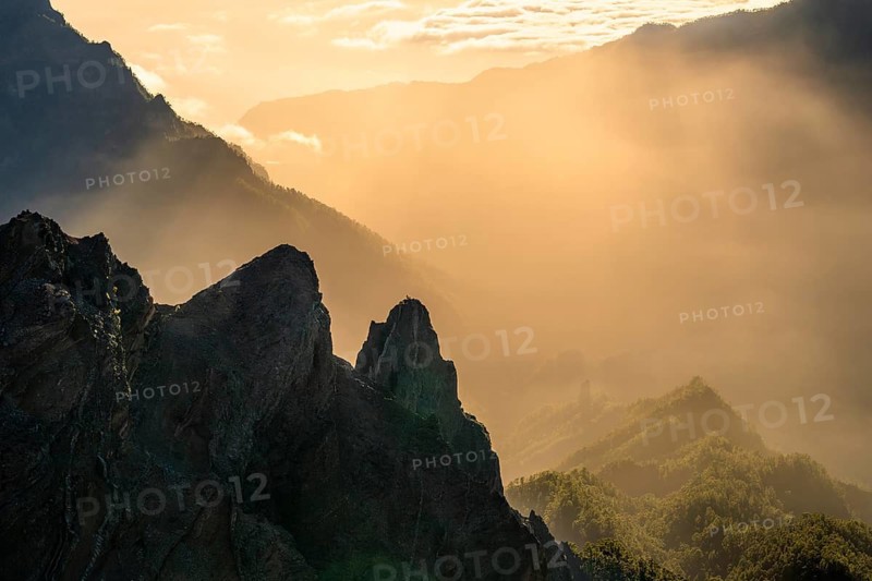 View of the Caldera de Taburiente from Pico de La Nieve at sunset and back light. La Palma, Canary Islands, Spain