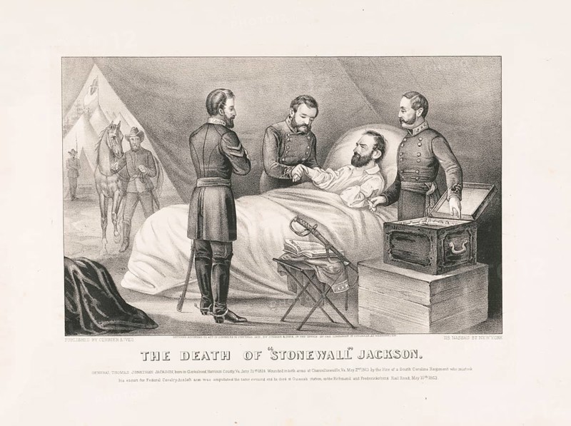 The historical lithograph shows Confederate General Thomas J. Stonewall Jackson on his deathbed in May 1863. Jackson died on May 10, 1863 as a result of pneumonia, after being accidentally shot by his own troops by friendly fire at Chancellorsville and amputating his left arm, American history, authentic, digitally restored reproduction in high resolution from a 19th century original, exact date unknown to the presentation, historical