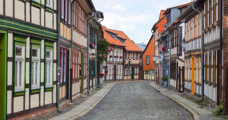 Gasse panorama with historic half-timbered houses Wernigerode Harz Germany
