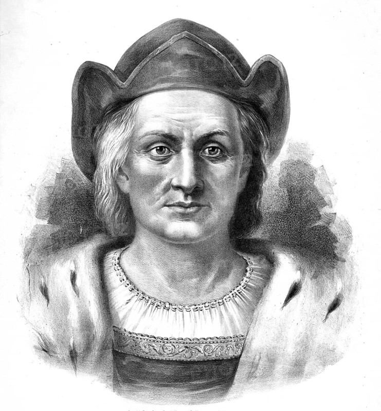 Christopher Columbus, born around 1451 in the Republic of Genoa, died May 20, 1506 in Valladolid, Kingdom of Castile, was an Italian navigator in Castilian service who wanted to find a western sea route across the Atlantic to India and reached an island in the Bahamas in October 1492, then other Caribbean islands, authentic, digitally restored reproduction in high resolution from a 19th century original, exact date of presentation unknown American history, historical
