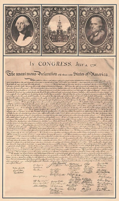 A reproduction of the US Declaration of Independence, which was adopted by the Continental Congress on 4 July 1776. The lower half contains the text of the Declaration of Independence as well as facsimile signatures of the Founding Fathers, led by John Hancock. The upper section features portraits of George Washington (left) and Benjamin Franklin (right), as well as a historical view of Independence Hall in Philadelphia, American history, an authentic, digitally restored, high-resolution reproduction from a 19th-century source, exact date of the depiction unknown, historical