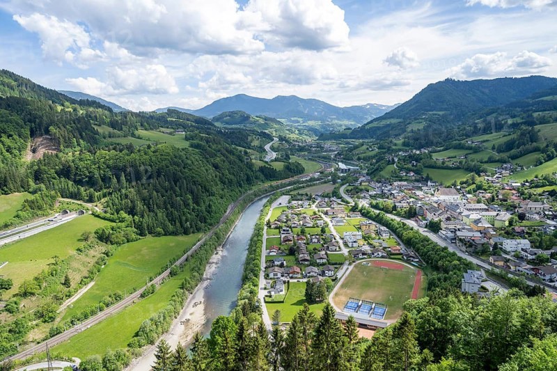 View from the castle of Werfen and the river Salzach, Hohenwerfen Fortress, Pongau, Salzburg state, Austria