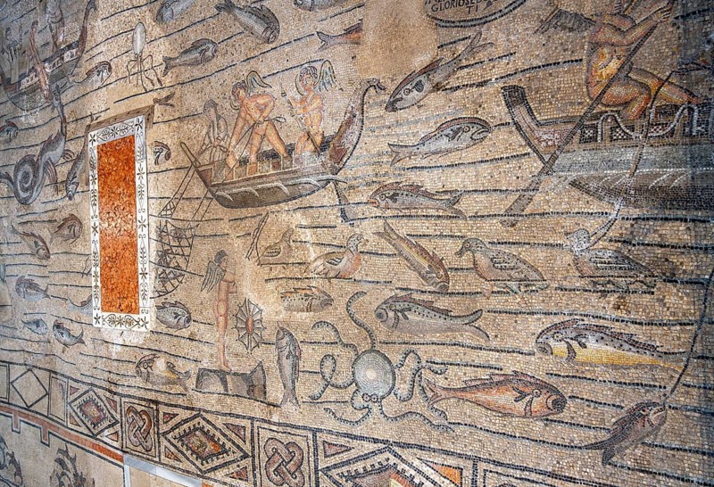 Detailed floor mosaic depicting marine animals and humans, Basilica di Santa Maria Assunta, Basilica of Aquileia, UNESCO World Heritage Site, Aquileia, Friuli, Italy