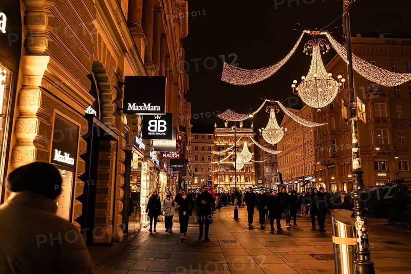 Vienna, Austria - 15 December, 2025: Busy street in Vienna, Austria, illuminated by festive lights. Shimmering chandeliers hang above shops. People of diverse backgrounds walk in winter attire