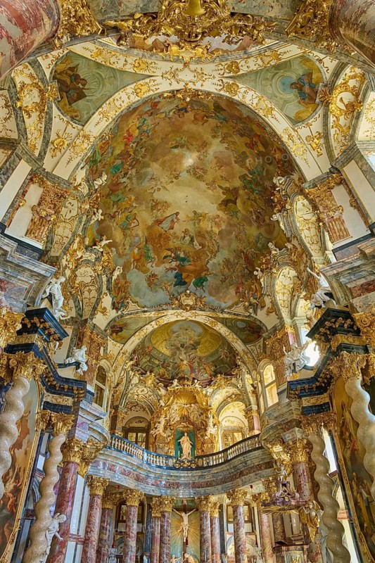 Magnificent baroque hall with gilded decorations and ornate frescoes on the ceiling, Hofkirche, Würzburg Residence, Würzburg, Bavaria, Germany