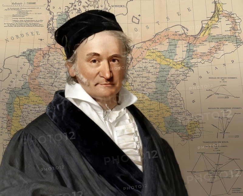 Portrait of Johann Carl Friedrich Gauss, 1777 - 1855, German mathematician, astronomer and physicist, digitally edited based on a historical painting by Christian Albrecht Jensen, 1840, in the background the triangulation points of the Trigonometric Division of the Royal Prussian Survey or triangulation stations of the Royal Prussian Geodetic Institute, 1895