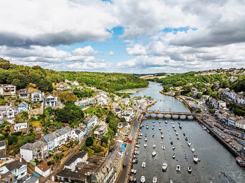 LOOE over River Looe from a drone, Cornwall, England, United Kingdom
