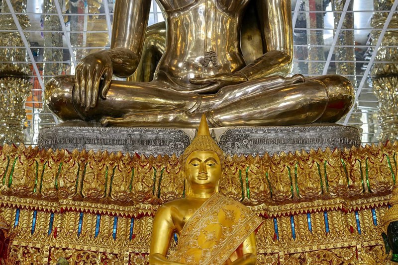 Silver Buddha statue, Bhumispara-mudra: Gautama Buddha at the moment of enlightenment, Wihan Kaeo (glass temple) : a breathtaking, mirrored ordination hall, Wat Muang, Ang Thong Province, Isan, Thailand