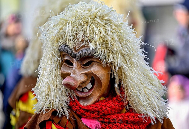 Member of a fools' guild in traditional Haes, fools' clothes, during the carnival procession in Achern, Ortenaukreis, Baden-Württemberg, Germany