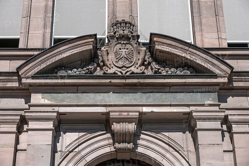 Detail, entrance portal with Nuremberg city coat of arms, building regulations authority, it was built in 1885 in the Neo-Renaissance style, building yard 5, Nuremberg. Middle Franconia, Bavaria, Germany