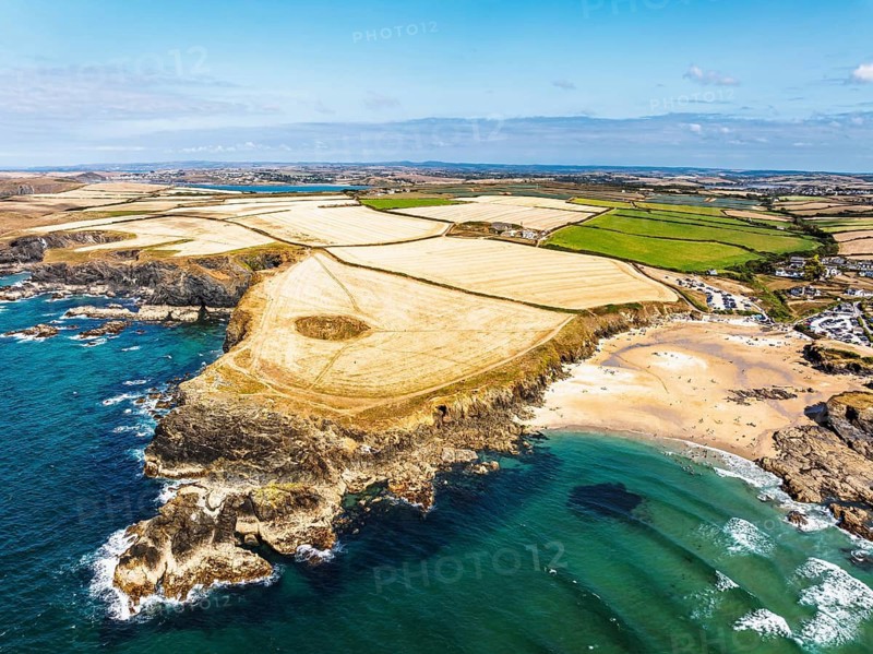 View of Trevone Beach and Trevone Bay from a drone, Trevone, Padstow, Cornwall, England, United Kingdom, Summer 2026
