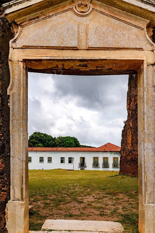 Ruins of an 18th-century church portal in the central square of the historic town of Alcantara, Maranhao, Alcantara, Maranhao, Brazil