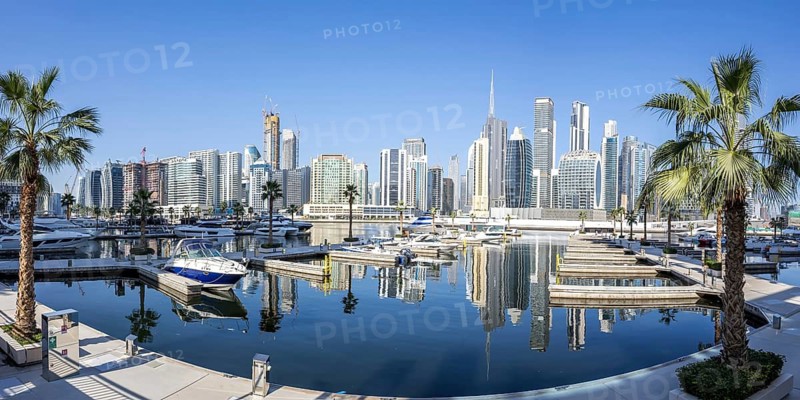 Downtown Dubai skyscrapers with Burj Khalifa skyline panorama on the Marasi Bay Business Bay Canal in Dubai, United Arab Emirates