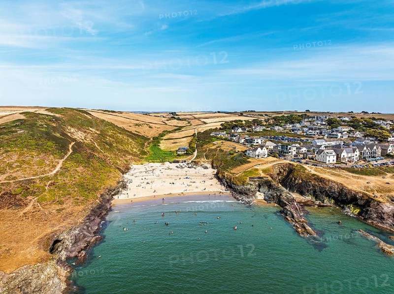 Polzeath Beach over Padstow Bay from a drone, Polzeath, Cornwall, England, Summer 2026