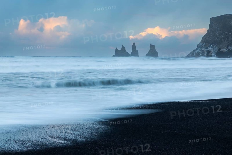 Reynisdrangar pinnacles, lava sandy beach, waves, sea, clouds, winter, Vik, Iceland, Scandinavia