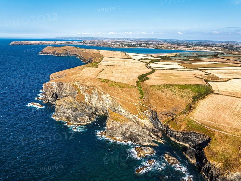 View of cliffs over Gunver Head and Trevone Bay from a drone, Trevone, Padstow, Cornwall, England, United Kingdom, Summer 2026