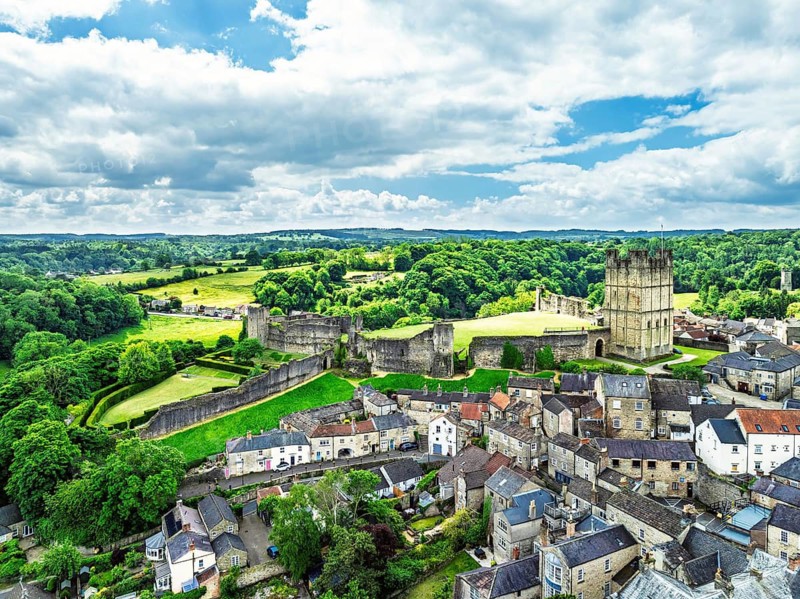 Richmond Castle from a drone, Richmond, Yorkshire Dales, North Yorkshire, England, United Kingdom