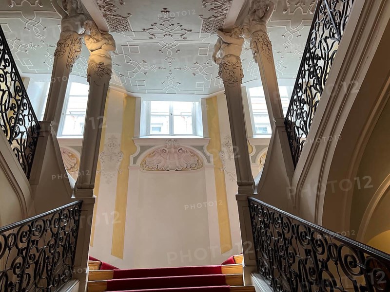 Artistic staircase decorated with stucco in the Preysing Palace, Munich, Upper Bavaria, Bavaria, Germany