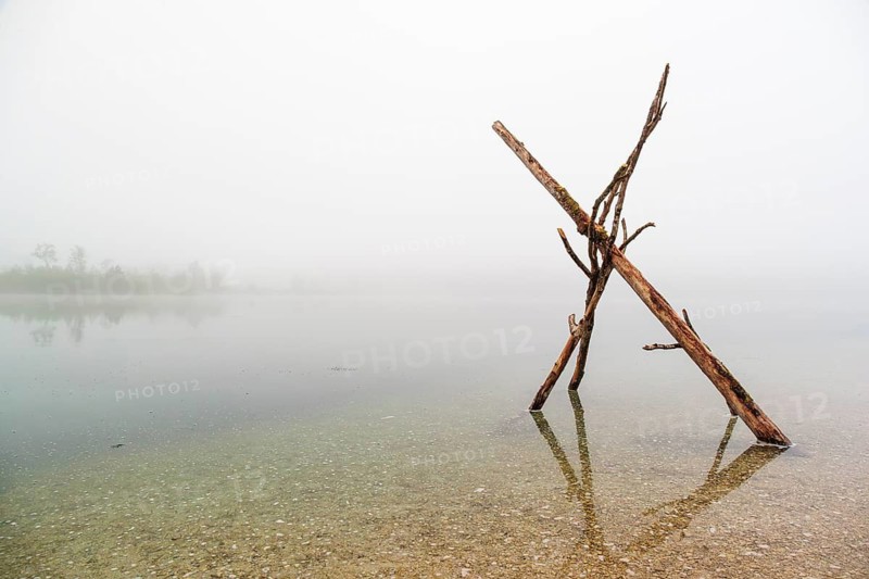 On a foggy morning, a wooden figure made of three branches stands in Lake Almsee. Austria