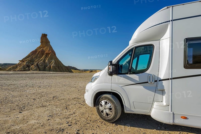 Motorhome traveling in Bardenas Reales Natural Park, Navarra, Spain