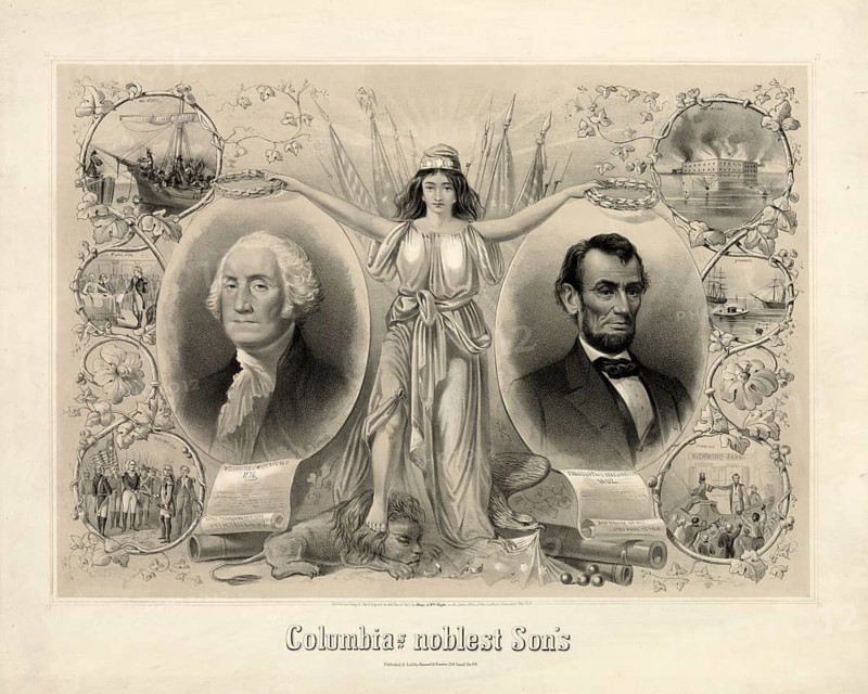The personified American figure Columbia honoring Presidents George Washington and Abraham Lincoln with laurel wreaths, authentic, digitally restored reproduction in high resolution from a 19th-century model, exact date of depiction unknown, American history, historical