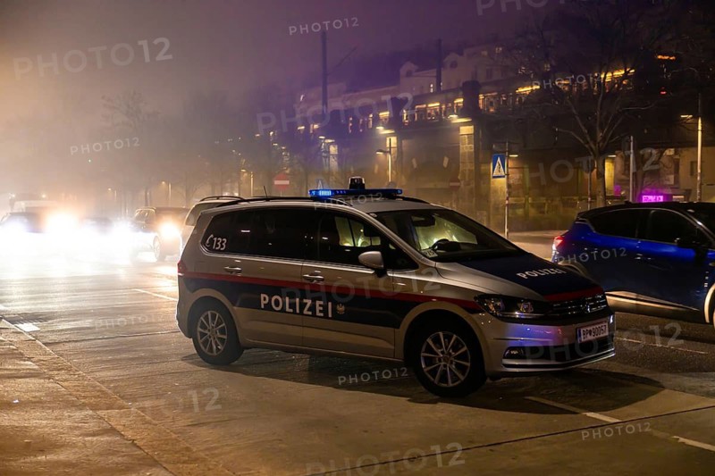 Vienna, Austria - 15 December, 2025: A police car parked on a street in Vienna, Austria, during a foggy night. The vehicle has blue lights activated, and traffic is visible in the background