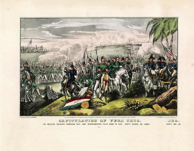 Surrender of the Mexican armed forces and the handing over of their weapons to General Winfield Scott on March 29, 1847 during the Mexican-American War, authentic, digitally restored reproduction in high resolution from a 19th-century model, exact date of depiction unknown, American history, historical