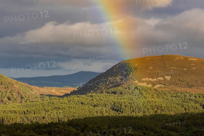 View through a rainbow from Cairngorm Mountain in the Hihglands in Scotland, Aviemore, Scotland, Great Britain