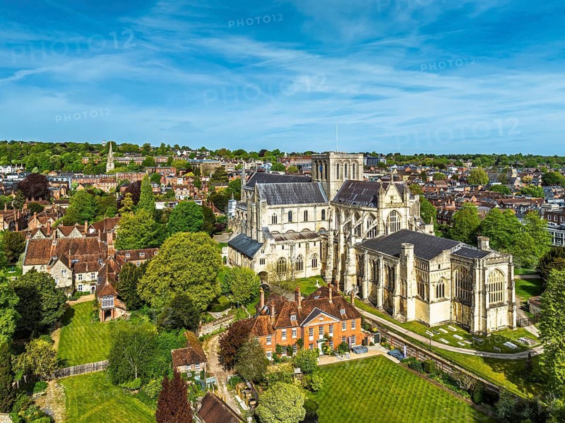 Winchester Cathedral from a drone, Winchester, Hampshire, England, United Kingdom
