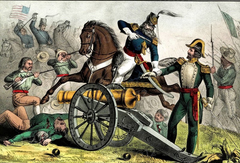 Capture of Mexican General Rómulo Díaz de la Vega by US Captain Charles A. May during the Battle of Resaca de la Palma on May 9, 1846 in the Mexican-American War. Captain May on horseback overwhelms Mexican General de la Vega directly at a cannon, authentic, digitally restored reproduction in high resolution from a 19th century original, exact date of depiction unknown, American history, historical