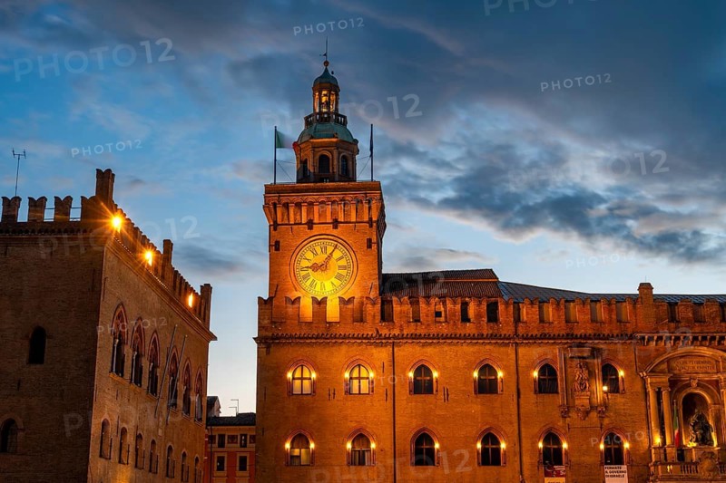 Illuminated Palazzo d'Accursio and Torre dell'Orologio, Blue Hour, Piazza Maggiore, Old Town, Bologna, Emilia Romagna, Italy