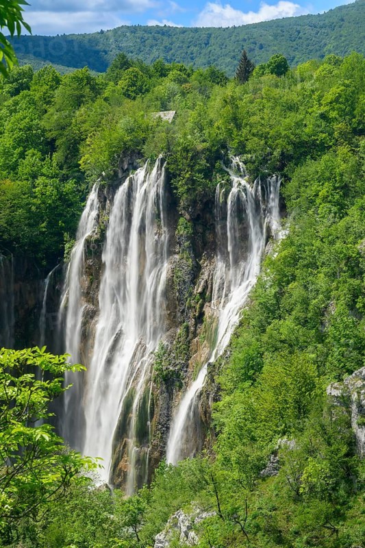 Veliki Slap Waterfall. The highest waterfall in the Plitvice National Park is the large waterfall known as Veliki slap in Croatian. It is 78 meters high. Plitvice Lakes National Park, Croatia