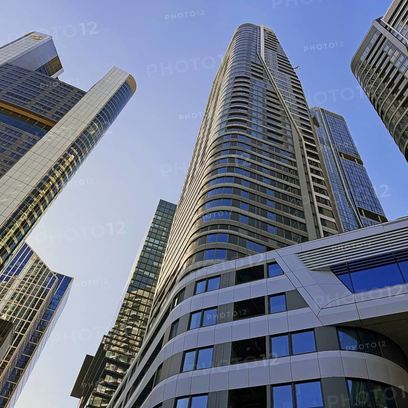 Frog's eye view of skyscrapers in the banking district, Four Frankfurt, Frankfurt am Main, Hesse, Germany