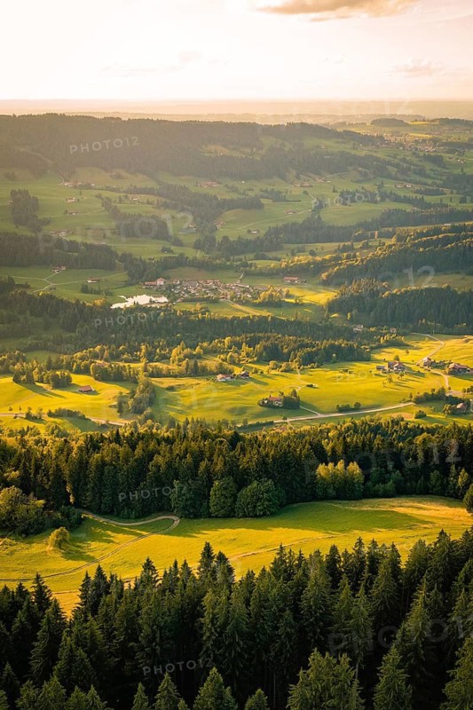 View from above of vast, wooded landscapes with valleys and fields, Oberstaufen region, Allgäu, Bavaria, Germany