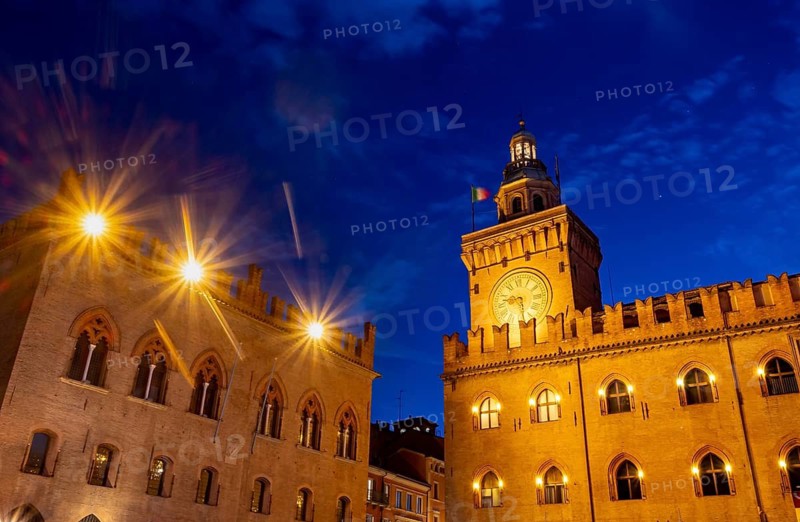 Illuminated Torre dell'Orologio, Blue Hour, Piazza Maggiore, Old Town, Bologna, Emilia Romagna, Italy