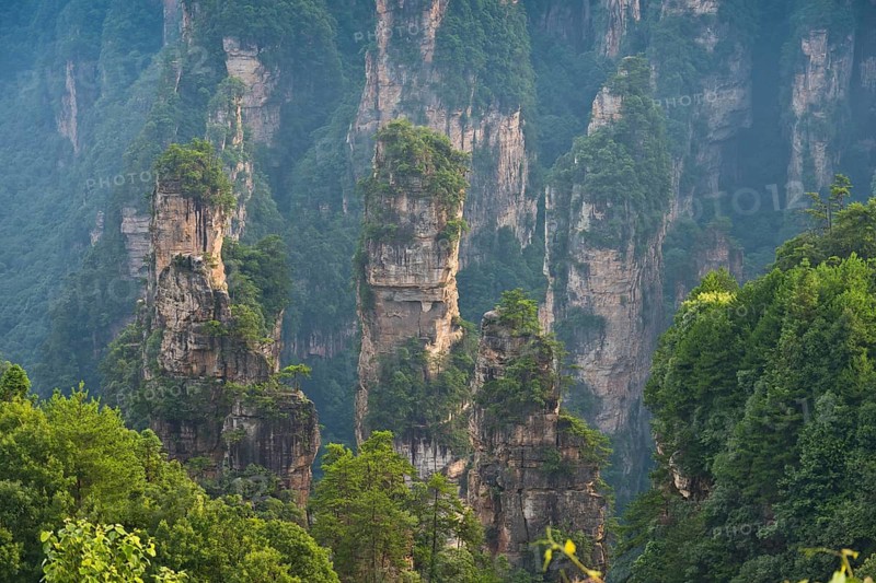 Panoramic view of the quartz sandstone pillars of the Tianzi Mountains in Zhangjiajie National Park, Avatar Mountains, Halleluja Mountains, Wulingyuan, Yuanjiajie, Hunan Province, China