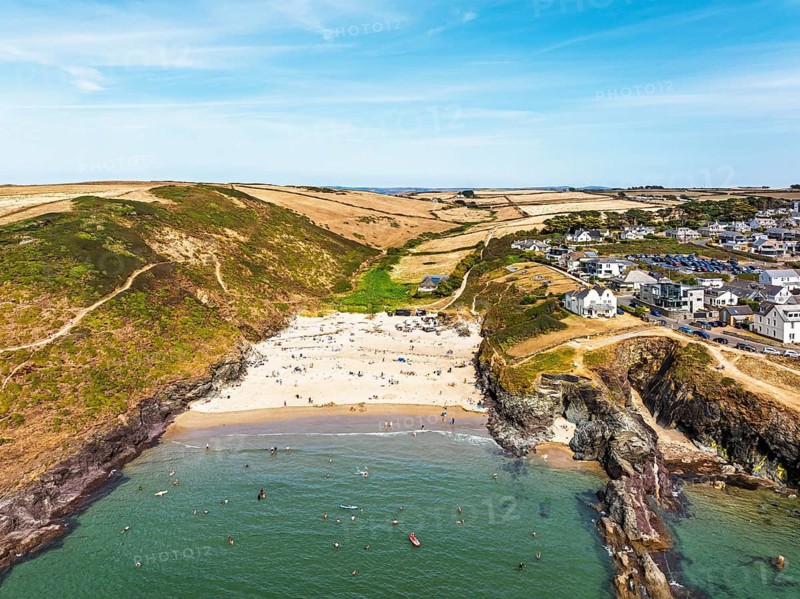 Polzeath Beach over Padstow Bay from a drone, Polzeath, Cornwall, England, Summer 2026