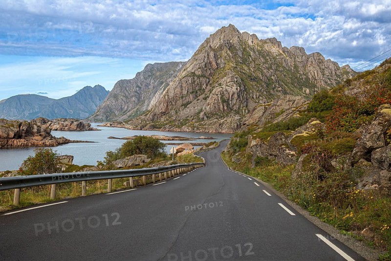 Scenic Fv816 coastal road to Henningsvær fishing village in Lofoten, northern Norway