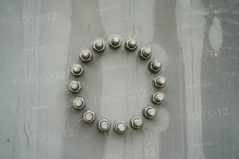 Screws and nuts arranged in a circle on the rotor hub of a wind turbine, bolt pitch circle, construction site of the wind farm Reinhardswald, Wesertal, Upper Weser Valley, Weser Uplands, Weserbergland, Hesse, Germany
