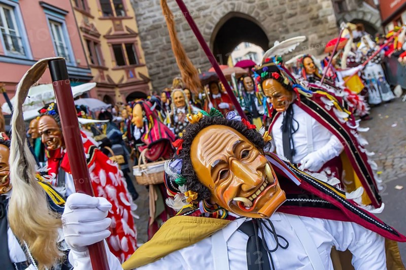 The highlight of the Swabian-Alemannic carnival is the fool's jump in Rottweil. Around 4000 fools jump through the historic Black Gate. The figure of Federahannes, who makes huge jumps, is distinctive. Rottweil, Black Forest, Baden-Württemberg, Germany