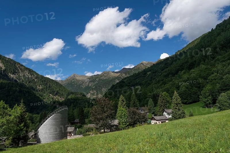 Roman Catholic church of San Giovanni Battista, built in the same place as the village church destroyed by avalanche in 1986, architect Mario Botta, Mogno, Maggia Valley, Valle Maggia, municipality of Lavizzara, Canton of Tessin, Switzerland