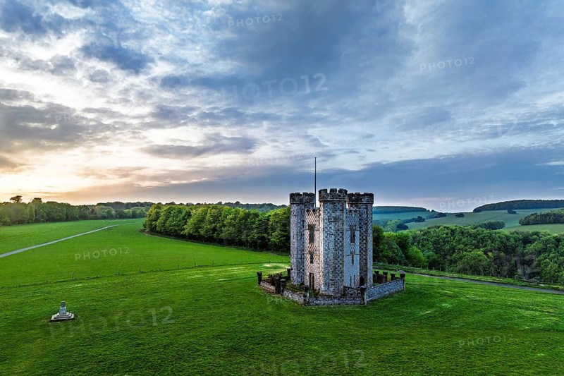 Sunset over Hiorne's Tower from a drone, Arundel, West Sussex, England, United Kingdom