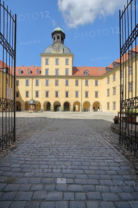 Metal gate to the courtyard of Baroque Moritzburg Castle, Zeitz, Saxony-Anhalt, Germany