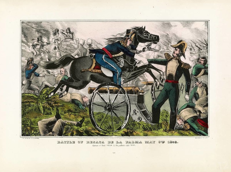 Lithograph by Nathaniel Currier from 1846 titled Battle of Resaca de la Palma, May 9th 1846 — Capture of Genl. Vega by the Gallant Capt. May. It depicts the capture of Mexican General Rómulo Díaz de la Vega by US Captain Charles May during the Battle of Resaca de la Palma in the Mexican-American War, American history, authentic, digitally restored reproduction from a 19th century original, exact date of presentation unknown, historical