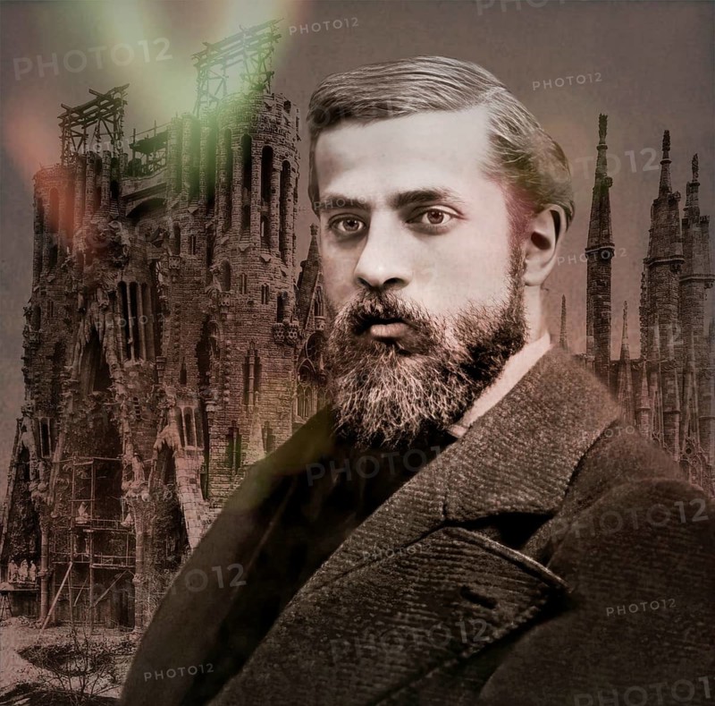 Portrait of Antoni Gaudí i Cornet, 1852 – 1926, Catalan architect and designer from Spain, the greatest exponent of Catalan Modernisme, Construction site of the Basílica i Temple Expiatori de la Sagrada Família, known as Sagrada Família, 1908, Barcelona, Catalonia, Spain, digitally edited
