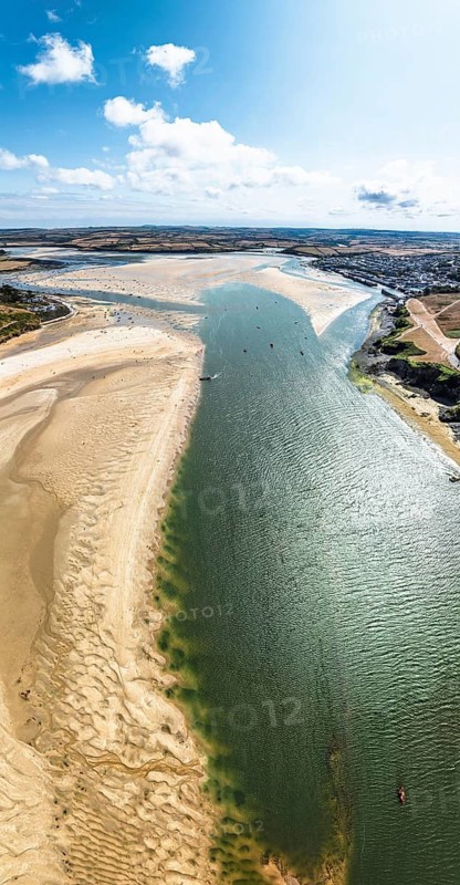Panorama of River Camel Estuary from a drone at low tide over Padstow and Rock, Cornwall, England, United Kingdom, Summer 2026