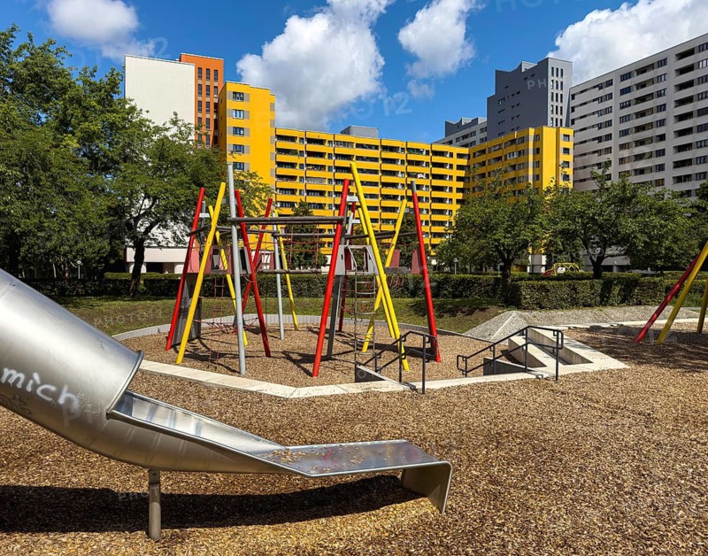 Playgrounds and skyscrapers in the Märkisches Viertel social housing development in the north of Berlin, MV, Germany