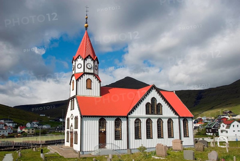 Europe, Denmark, Faroe Islands, Vagar Island, V·gar, Sandavagur, church