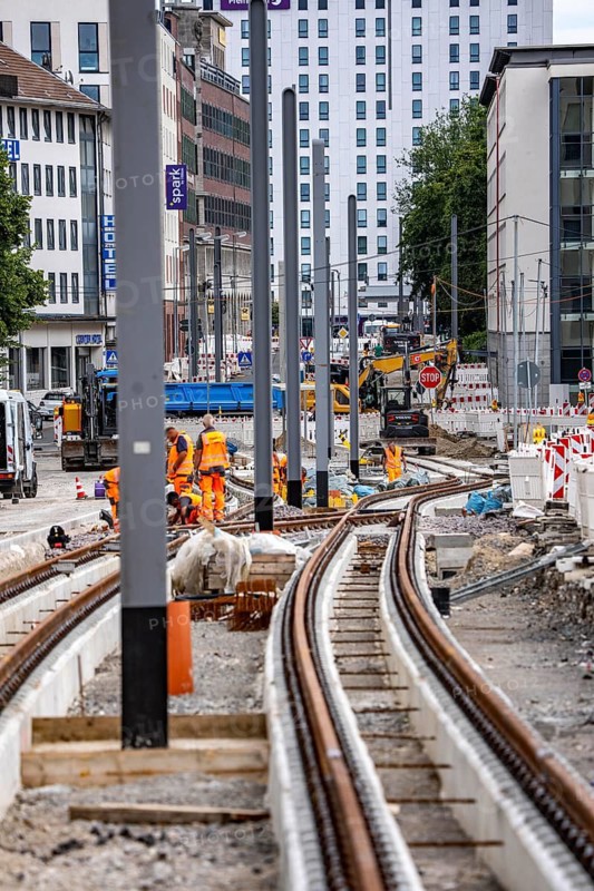 Large construction site in the city center of Essen, Hachestraße, the construction of new tracks for the new Stadtbahn-Essen, a new tram line in the city center that will connect the west of the city with the new Essen-51 district, North Rhine-Westphalia, Germany
